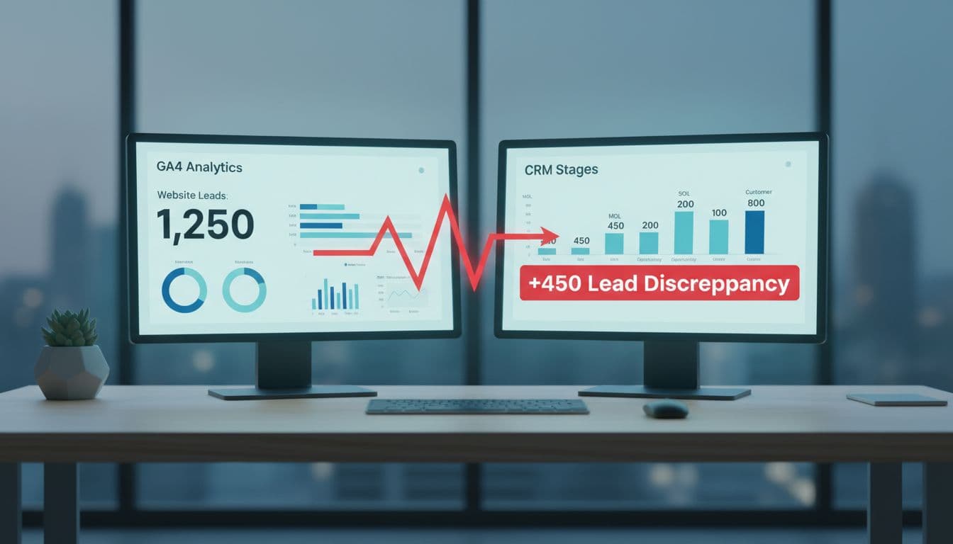 Clean modern B2B analytics illustration showing side-by-side dashboards with GA4 lead counts higher than CRM stages like MQL, SQL, opportunity, and customer, with the discrepancy gap highlighted in red. Office desk setting with dual monitors, charts, bars, professional SaaS aesthetic with blue teal accents and soft lighting.