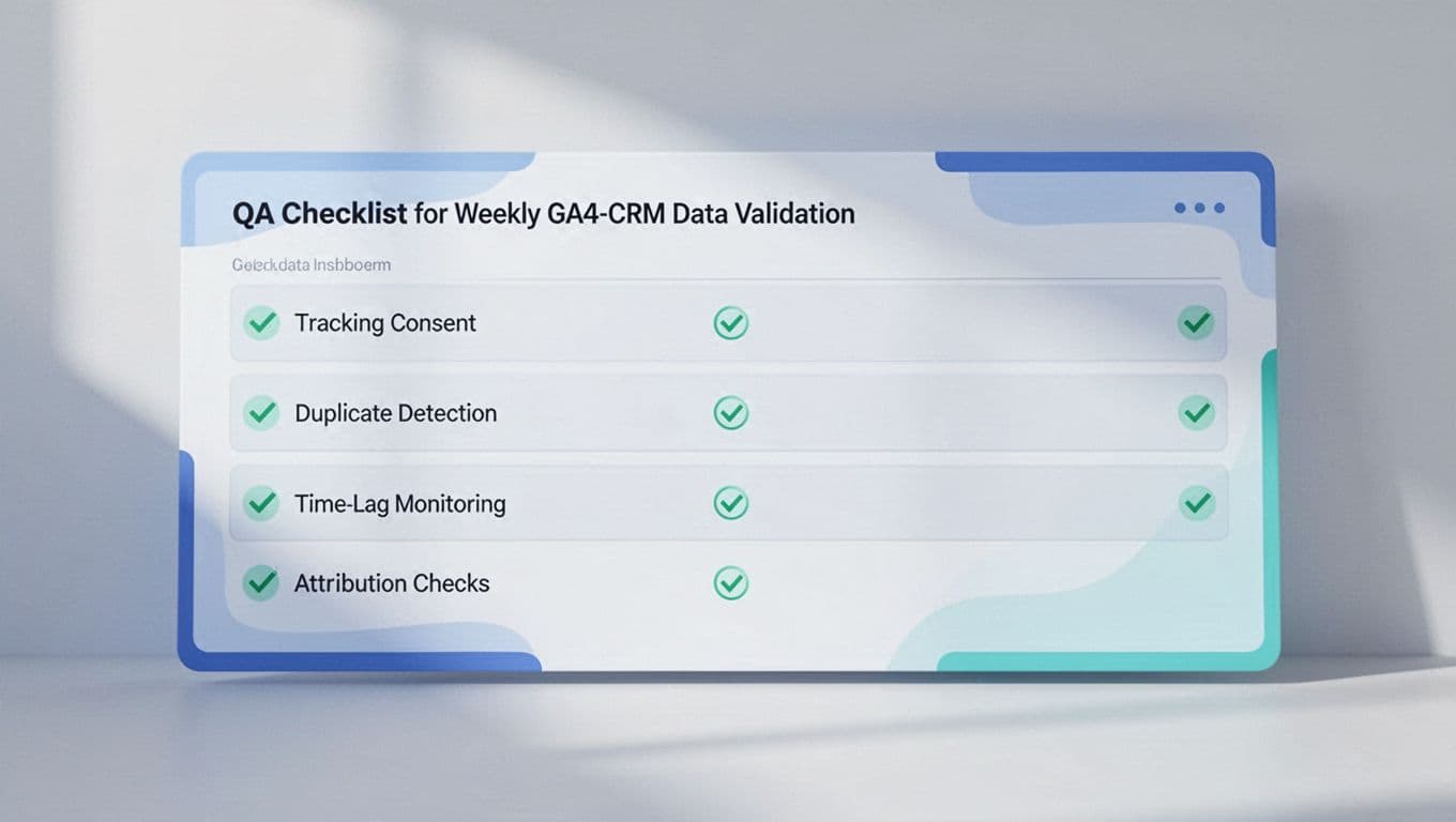 Clean modern B2B analytics illustration of a QA checklist dashboard for GA4 CRM reconciliation, featuring checkmark icons for consent tracking, duplicates, time lags, and attribution in a wide horizontal layout. Professional SaaS aesthetic with minimal clutter, blue teal accents, bright even lighting, no text, people, devices, or hands.