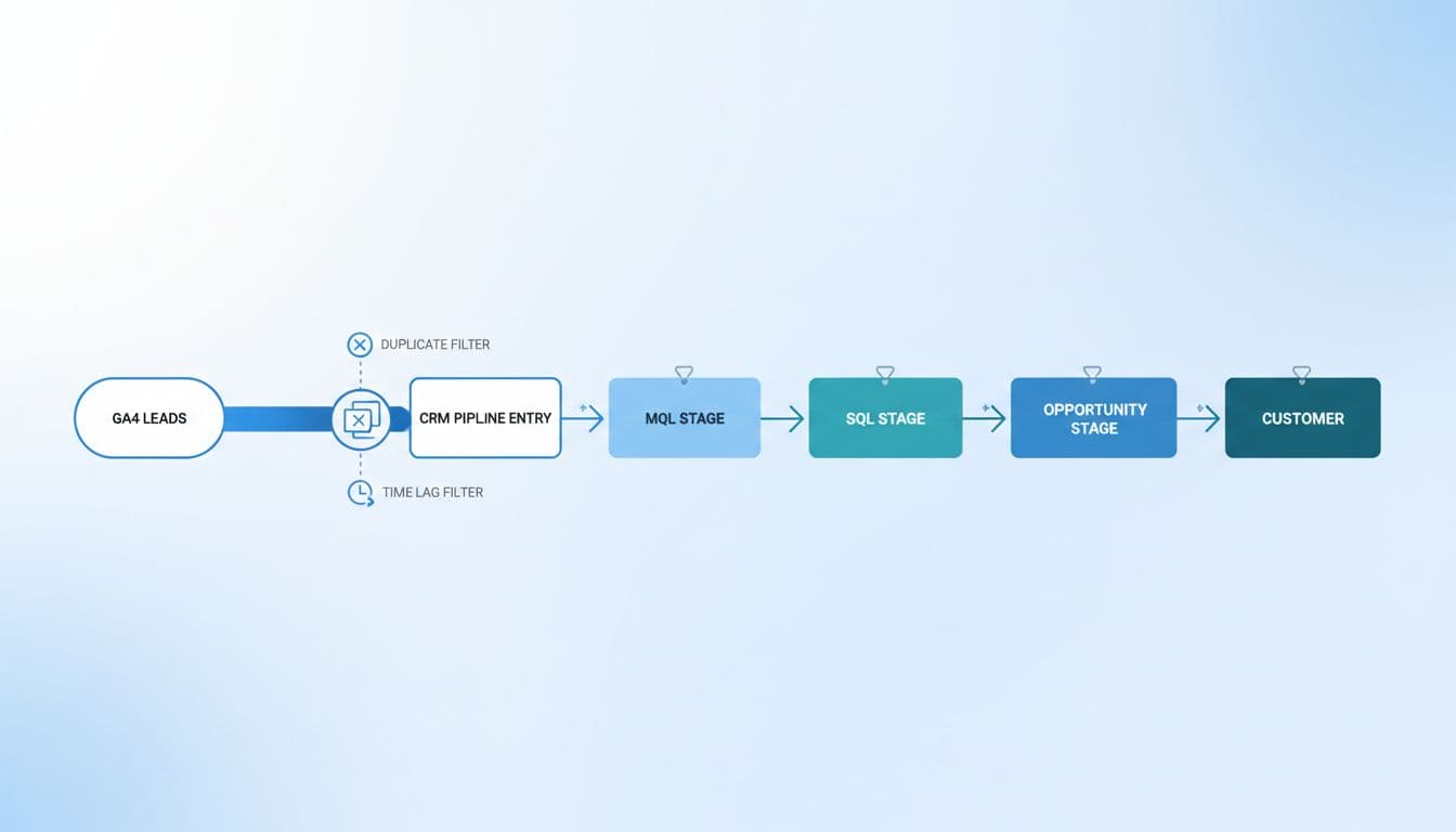 Clean modern B2B analytics illustration of a reconciliation framework flowchart depicting GA4 leads entering CRM pipeline stages including MQL, SQL, opportunity, and customer, with matching arrows and filters for duplicates and time lags.