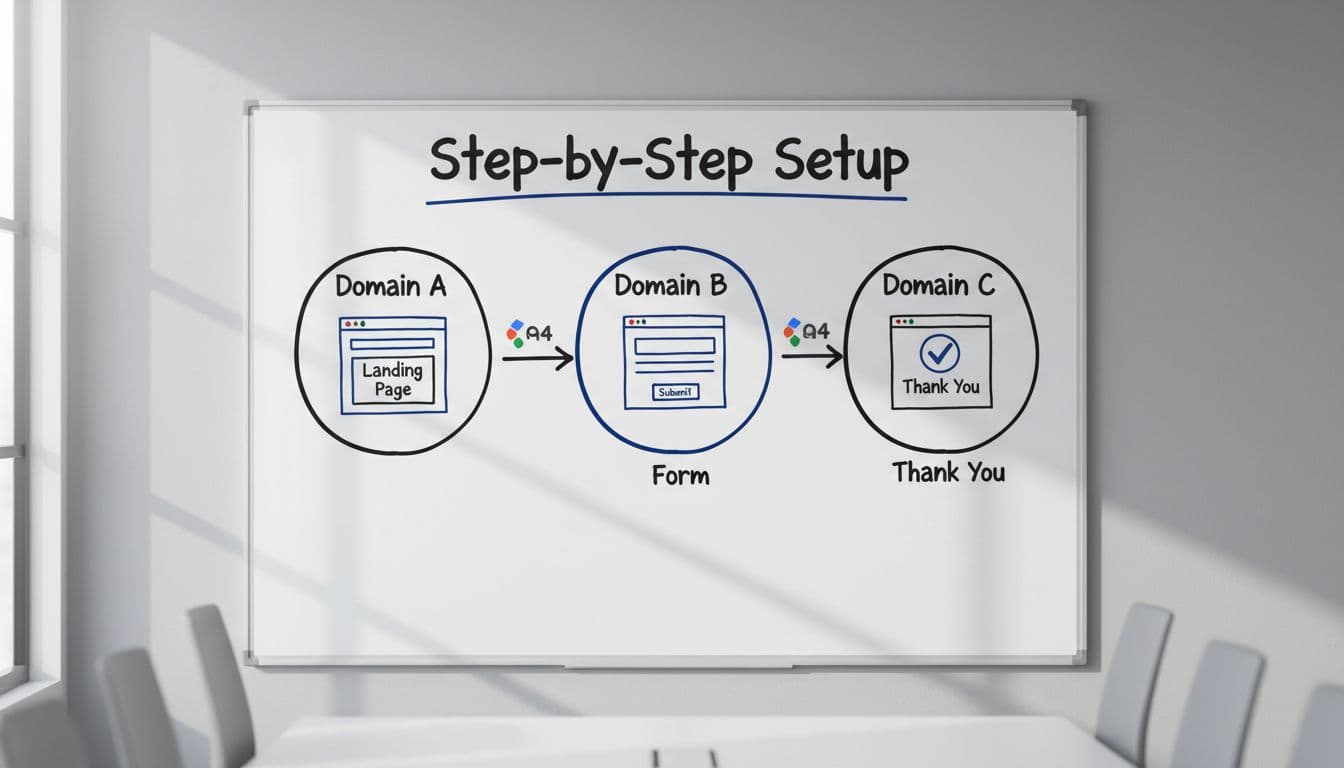 Hand-drawn whiteboard diagram in a conference room showing the tracking flow from domain A landing page to domain B form to domain C thank you page, connected by arrows with GA4 icons.