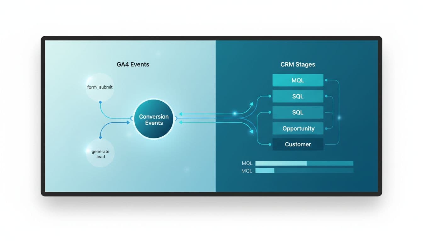 Clean modern B2B analytics illustration mapping GA4 events like form_submit and generate_lead to CRM stages MQL, SQL, opportunity, and customer using connecting lines in a dual panel wide layout with professional SaaS aesthetic.