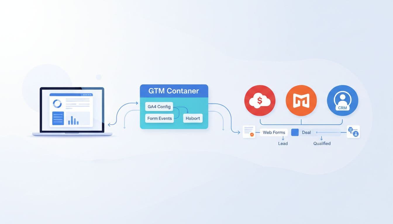Clean modern B2B analytics illustration of GA4 tracking setup with GTM container, GA4 config tags, form events flowing to CRM icons like Salesforce and HubSpot. Data streams and arrows connect web forms to pipeline stages in a clean dashboard view on one laptop.