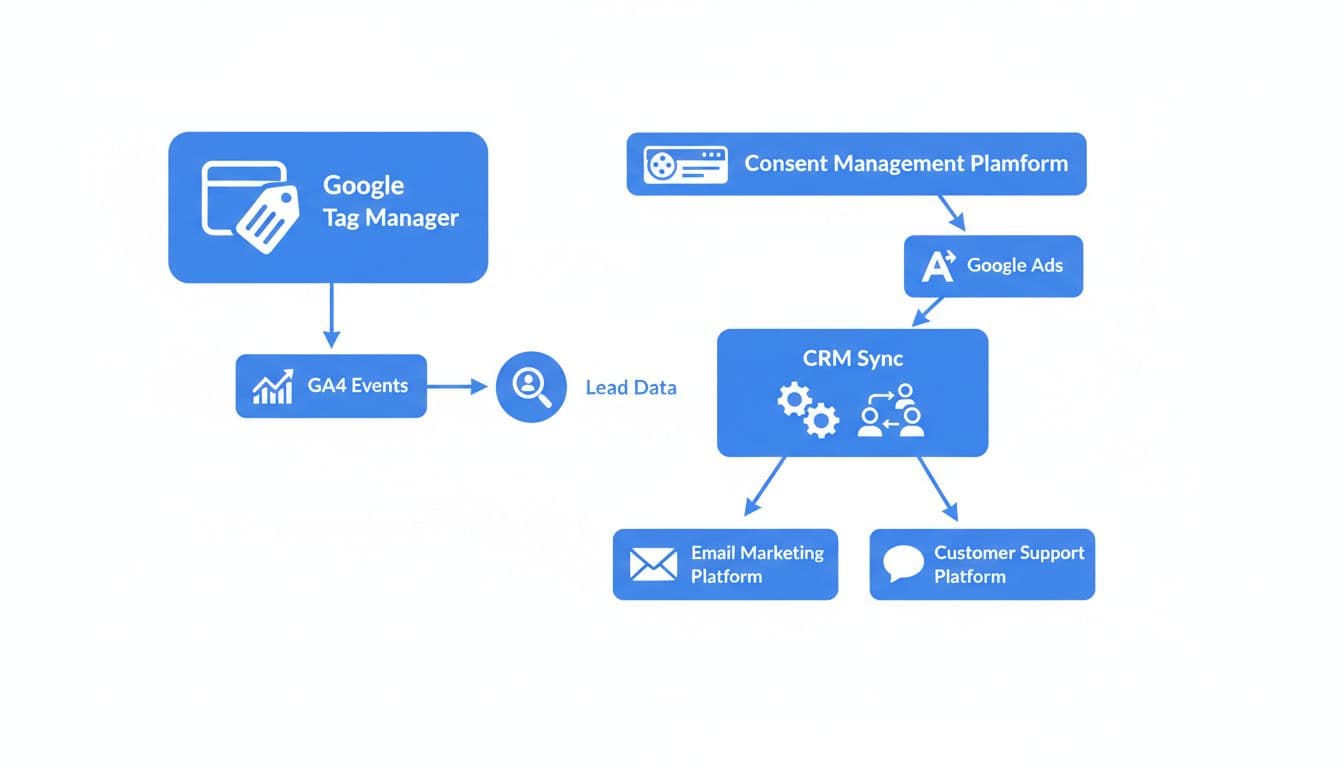 Clean martech flowchart illustrating Google Tag Manager tags for GA4 events, lead data flow to Google Ads, consent banner, and CRM sync icons in blue and white, no text or people.