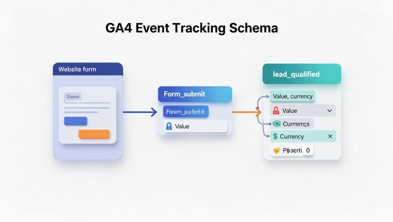 Illustration of GA4 event tracking schema for lead generation, featuring form_submit and lead_qualified events with parameters like value and currency. Flow diagram from website form to GA4 in minimalist flat 3D style with gradients on white background.