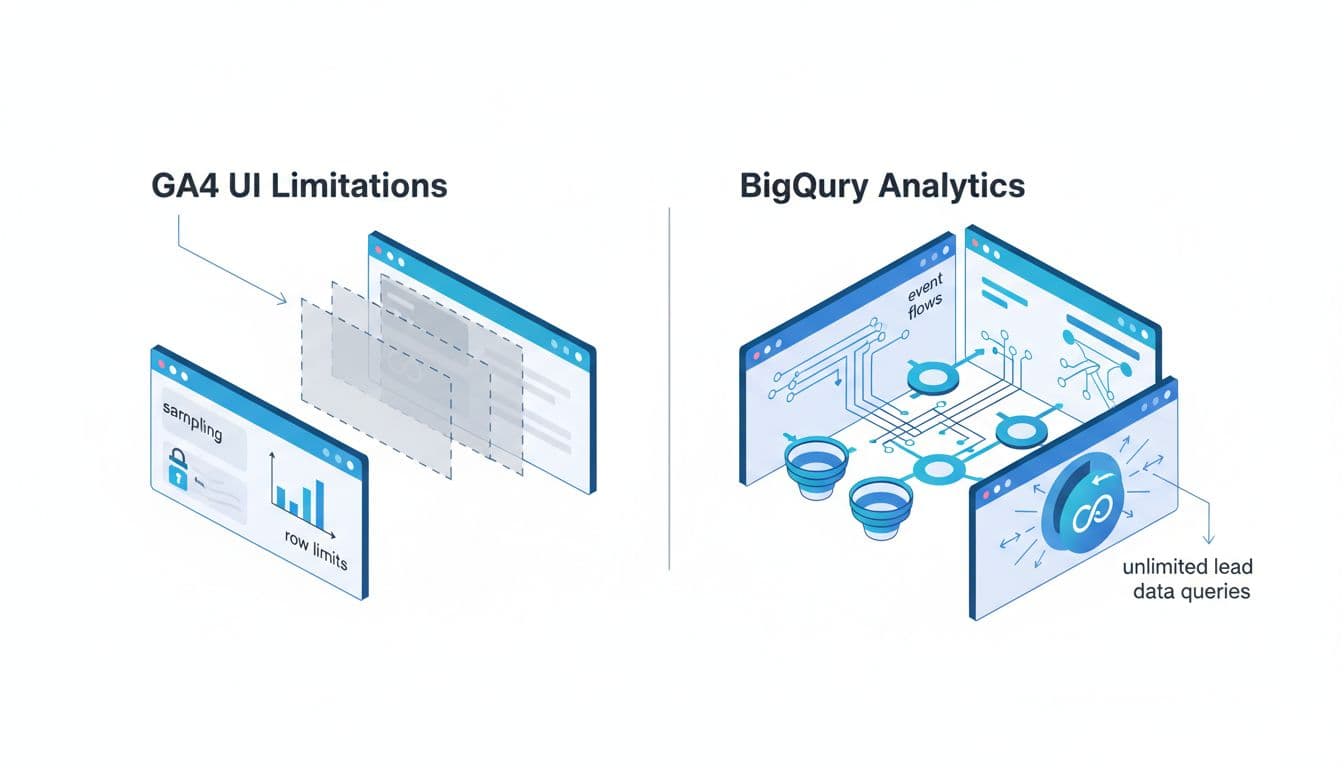 Isometric diagram contrasts limited GA4 UI dashboard with expansive BigQuery analytics dashboard in teal accents.