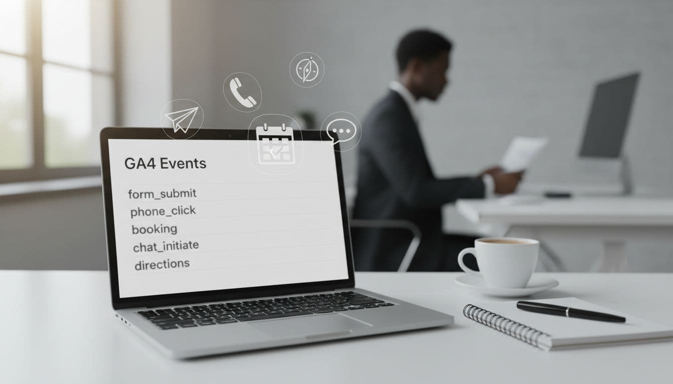 Clean professional office desk with open laptop showing blurred GA4 events list for local plumber website tracking including form_submit, phone_click, booking, chat_initiate, and directions, with subtle floating icons, notebook, pen, coffee mug, and blurred person reviewing in background.