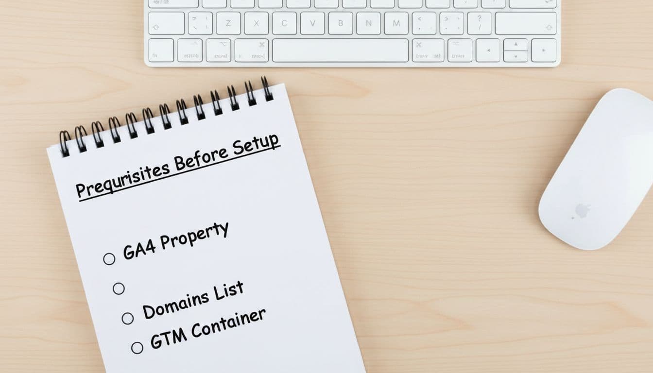 Top-down photorealistic view of a clean setup checklist on a notepad next to a computer keyboard and mouse, listing items like GA4 property, domains, and GTM container in a bright office setting with no readable text or extra objects.
