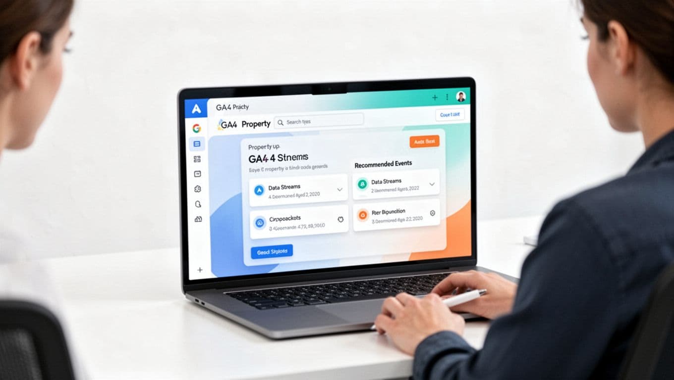Clean technical illustration of GA4 property creation dashboard for lead gen site, shown on a laptop in an office desk setting with minimalist flat design, subtle 3D depth, and blue-teal-orange accents.
