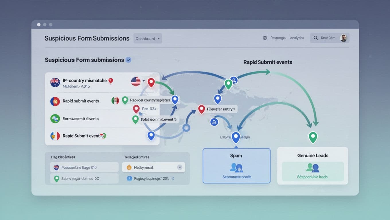 Flat-design dashboard visualizes GA4 events highlighting IP mismatches and rapid submits, arrows separating spam from real leads.