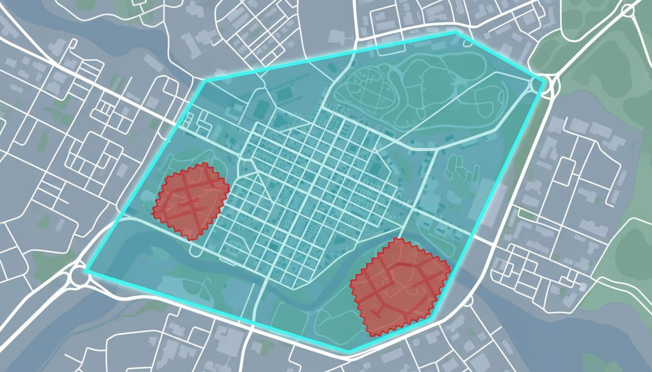 Illustration of a geo-fencing polygon drawn around a service area on a city map, excluding certain zones for a pest control business in a clean professional style.
