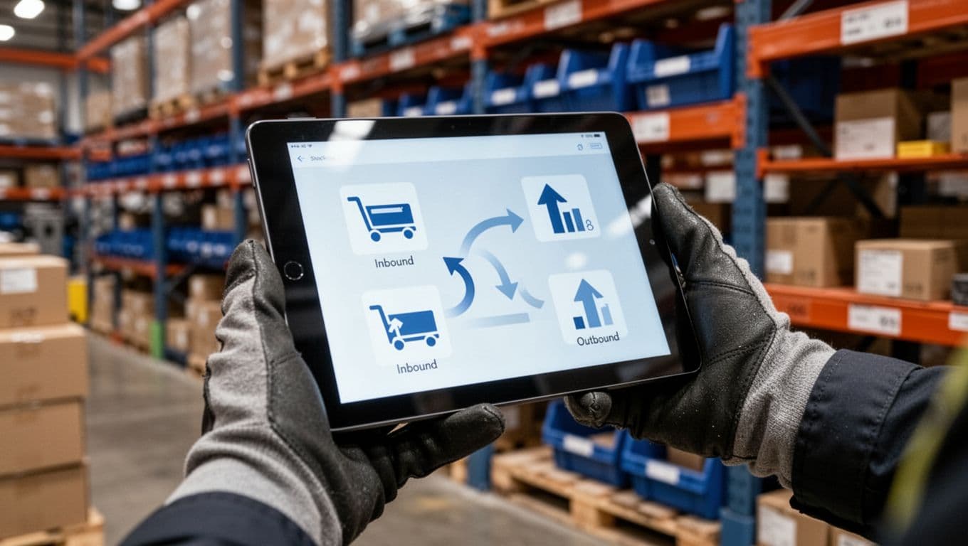 Close-up of a warehouse tablet screen prop held by a gloved hand, with blurred background shelves and inventory bins. Vague icons suggest stock levels and movements like inbound and outbound arrows under soft industrial lighting.