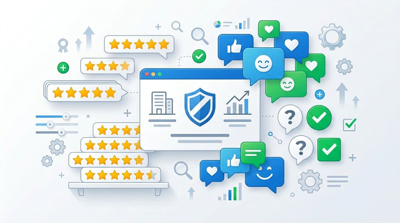 Stack of golden star ratings with positive speech bubbles and resolved Q&A checkmarks surrounding a prominent business profile card trust badge. Clean modern SEO marketing illustration focusing on review and feedback UI elements.