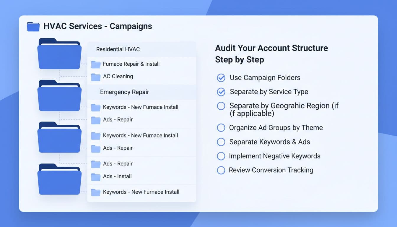 Folder tree view shows campaign folders and ad groups organized for HVAC service in modern blue-white UI.