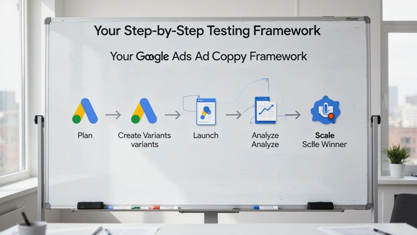 Realistic photo of a whiteboard featuring a clean, modern infographic flowchart illustrating the Google Ads ad copy testing process with simple icons for plan, create variants, launch, analyze, and scale winner steps in a bright room.