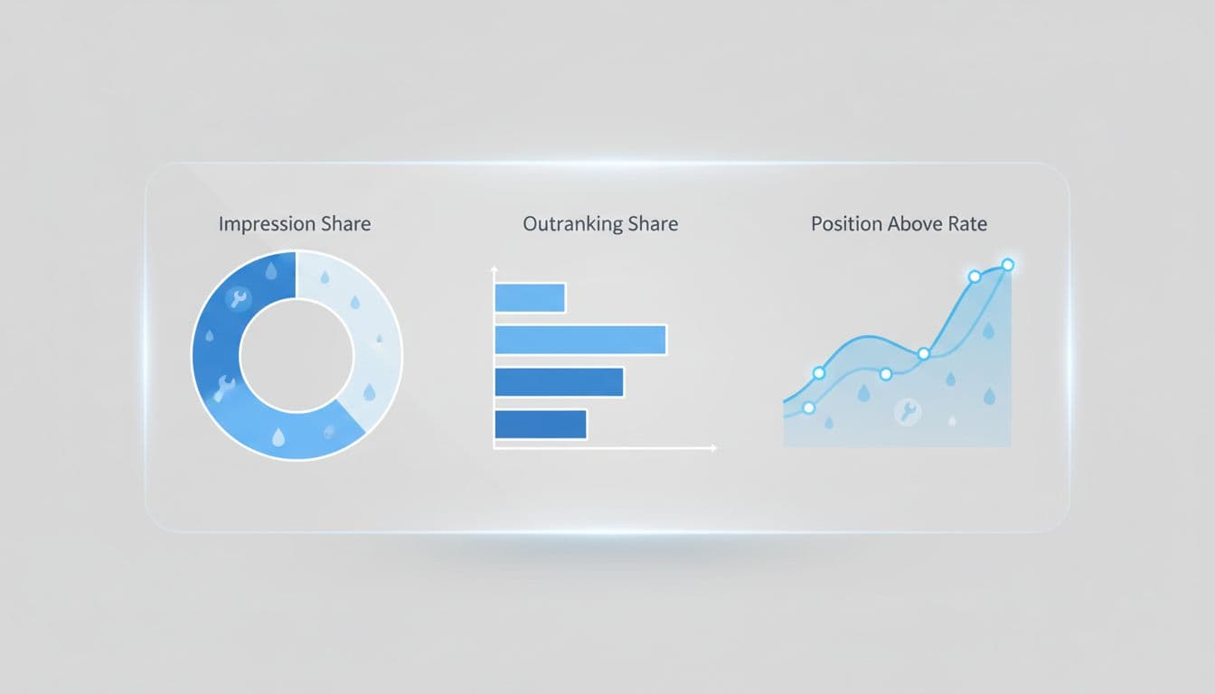 Digital screen displays impression share pie chart, outranking share bar graph, and position above rate line chart.