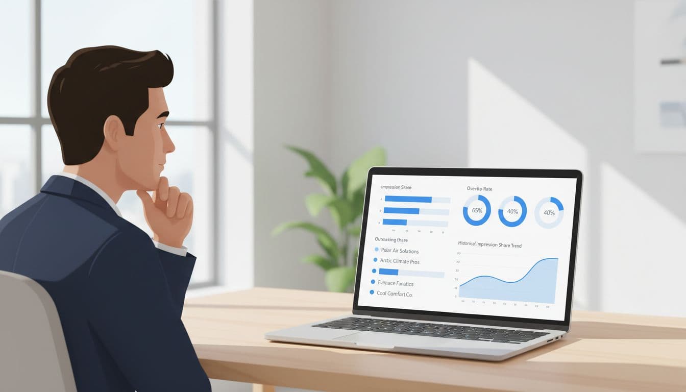 Laptop on office desk displays Auction Insights dashboard with impression share charts, overlap rates, and outranking bars in blue and white, viewed by one person from side.