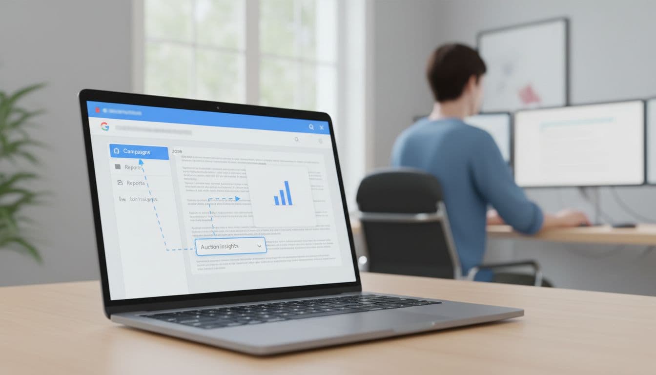 Laptop in home office displays Google Ads interface with subtle menu highlights guiding to Auction Insights report.
