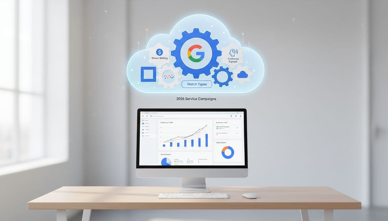Clean modern illustration of Google Ads automation gears integrating with match type controls like smart bidding and audience signals, displayed on a single computer screen bidding dashboard in a simple desk setup.
