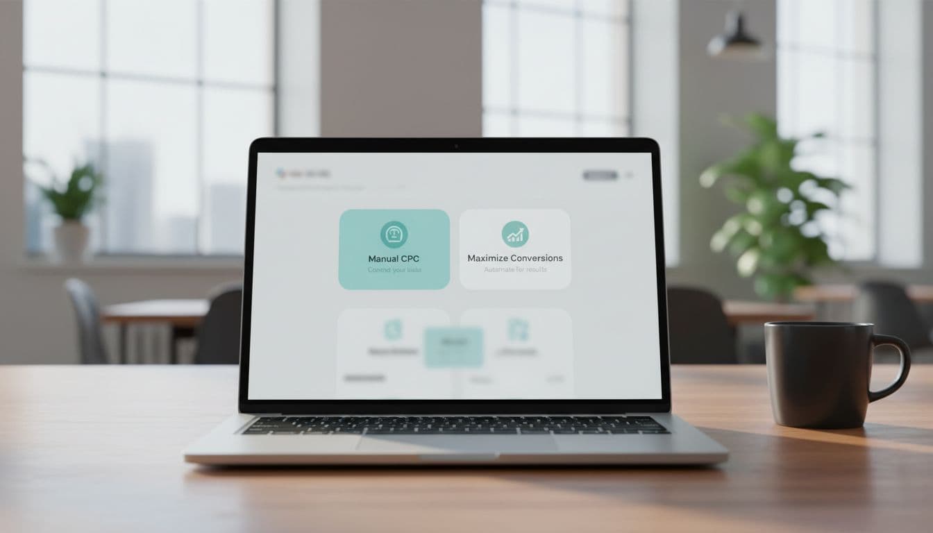 Clean dashboard interface on a laptop screen displaying Google Ads bidding options like Manual CPC and Maximize Conversions, centered on a wooden desk with a coffee mug nearby in an office setting under soft window light.