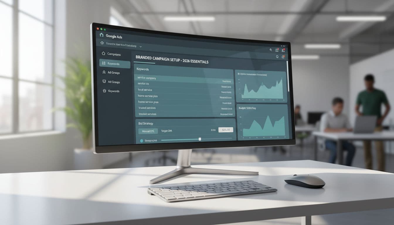 Clean professional marketing illustration of Google Ads interface setup for branded campaign, featuring keyword list with brand terms and bid settings on a desktop monitor in an office desk with natural daylight lighting.
