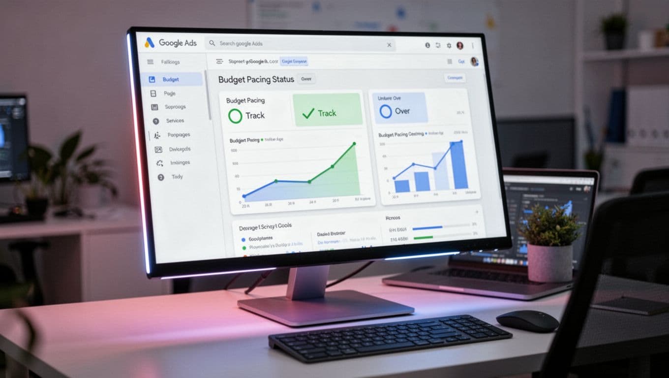 Modern Google Ads dashboard interface on a monitor displaying budget pacing status (on track, under, over) with charts in a professional marketer workspace. Realistic screenshot blend with screen glow, laptop at angle, no people, logos, or detailed UI text.