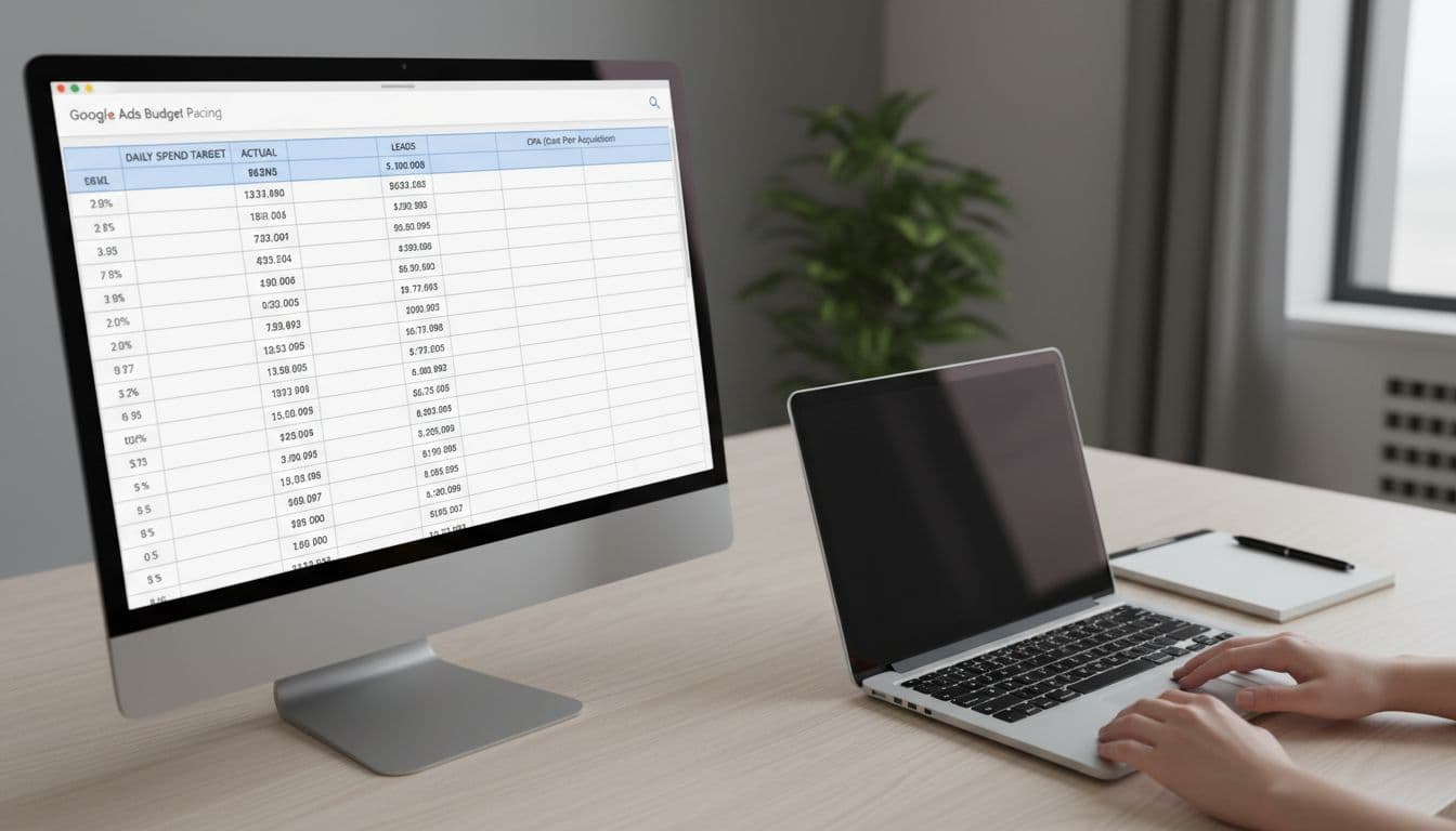 Photorealistic view of a spreadsheet template on a desktop laptop screen showing budget pacing columns for daily spend target, actual spend, leads, and CPA in a simple service business workspace with notepad and soft office lighting.
