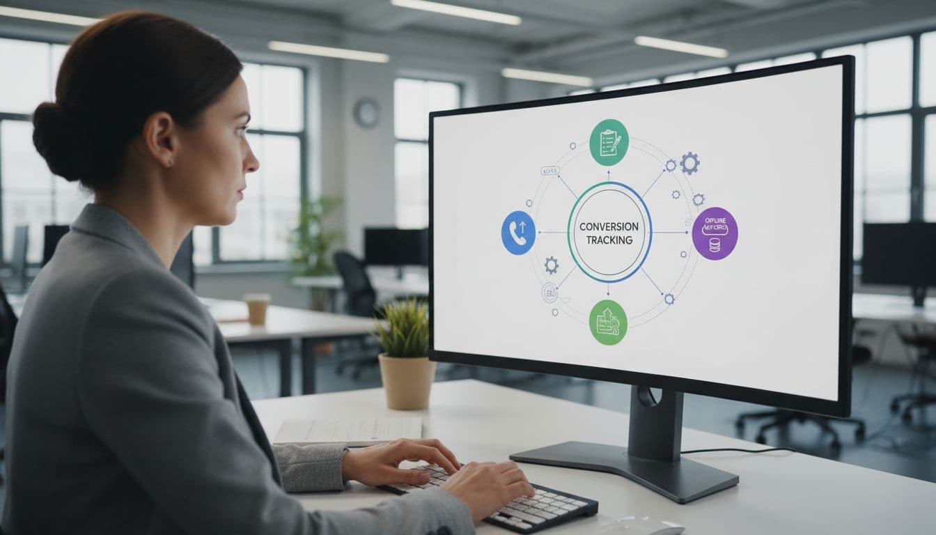 A marketer in a professional office sets up conversion tracking in Google Ads for calls, forms, and offline imports, surrounded by icons of phone calls, web forms, and CRM uploads on a central computer screen under soft lighting.