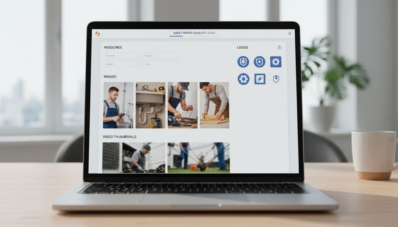 Close-up of a laptop screen displaying neatly arranged creative assets for Google Ads, including headlines, images of service professionals like a plumber at work, logos, and video thumbnails, in a modern workspace with bright natural light.