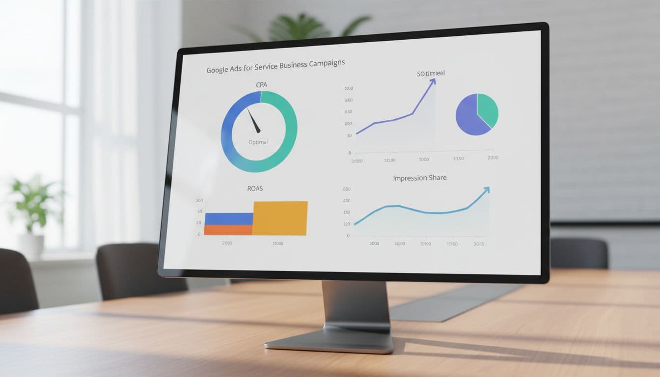 Dashboard charts displaying Google Ads metrics like CPA, ROAS, and impression share for service business campaigns targeting competitors, on a modern analytics tool screen in a conference room with natural light.