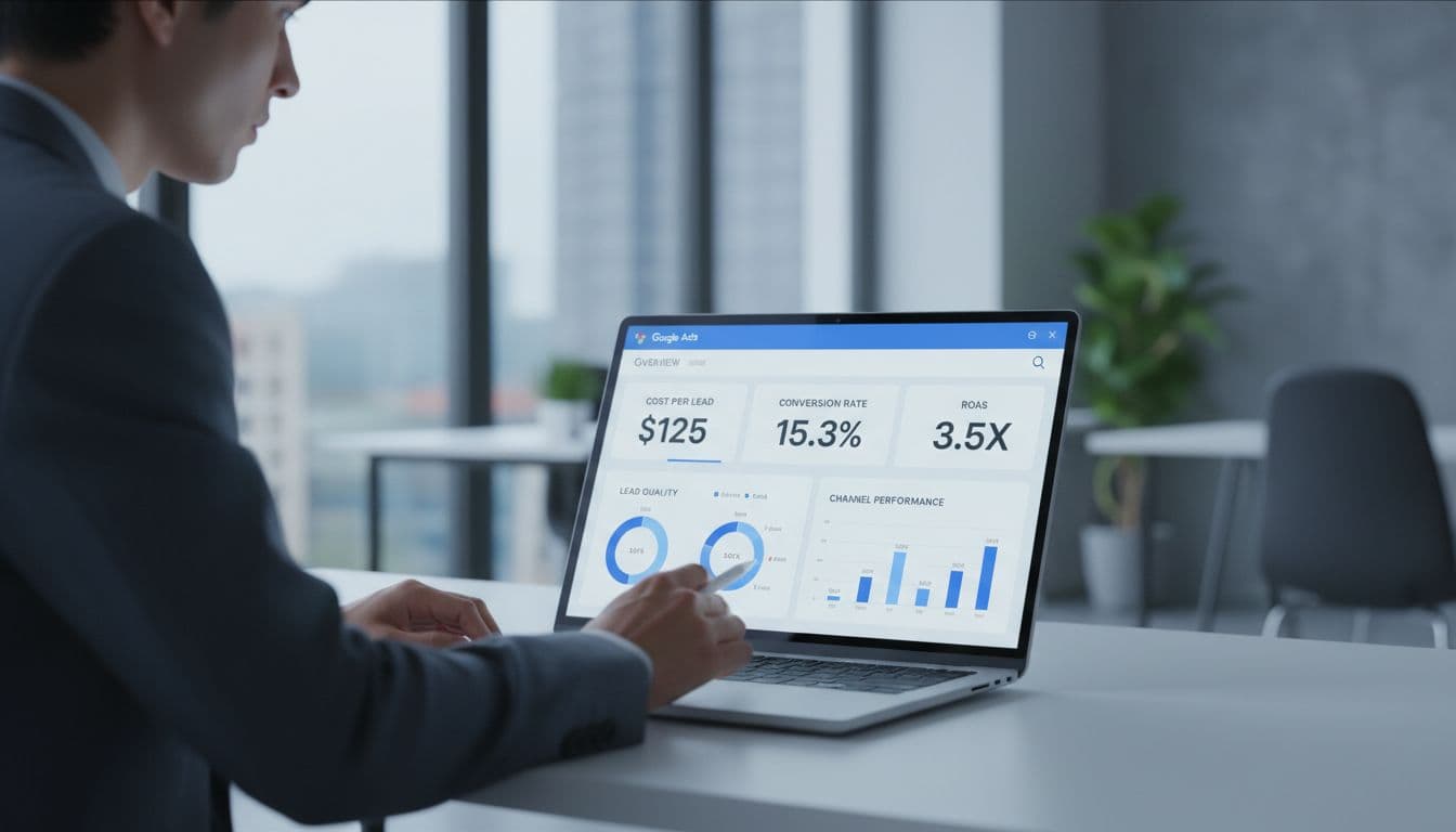 Person in office reviews sleek laptop dashboard with charts showing ad metrics like cost per lead and ROAS.