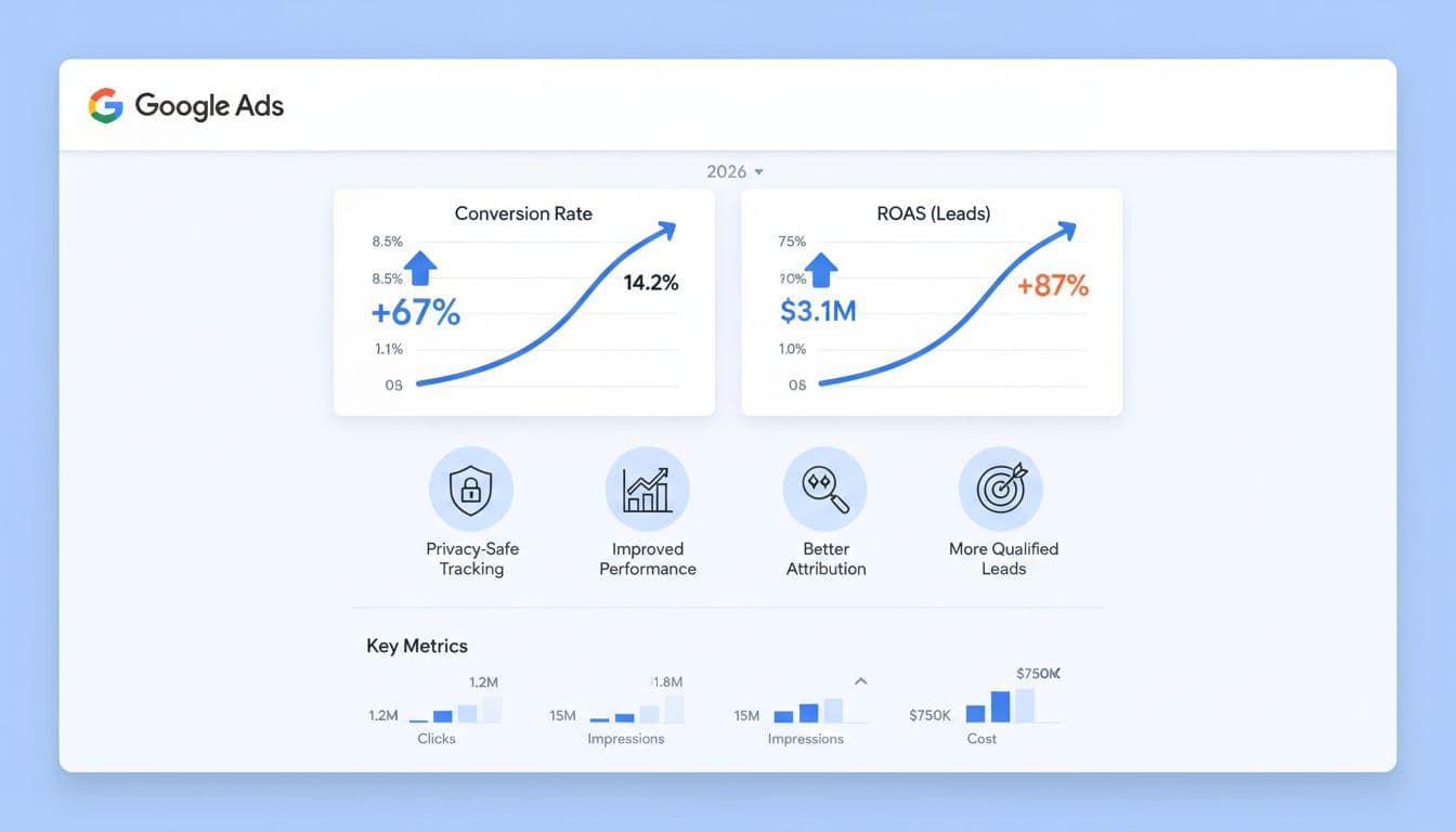 Dashboard-style visual of Google Ads interface highlighting benefits of enhanced conversions, featuring charts with improved conversion rates and ROAS for leads, rising performance metrics, blue-white martech aesthetic, and simple icons for privacy-safe tracking.