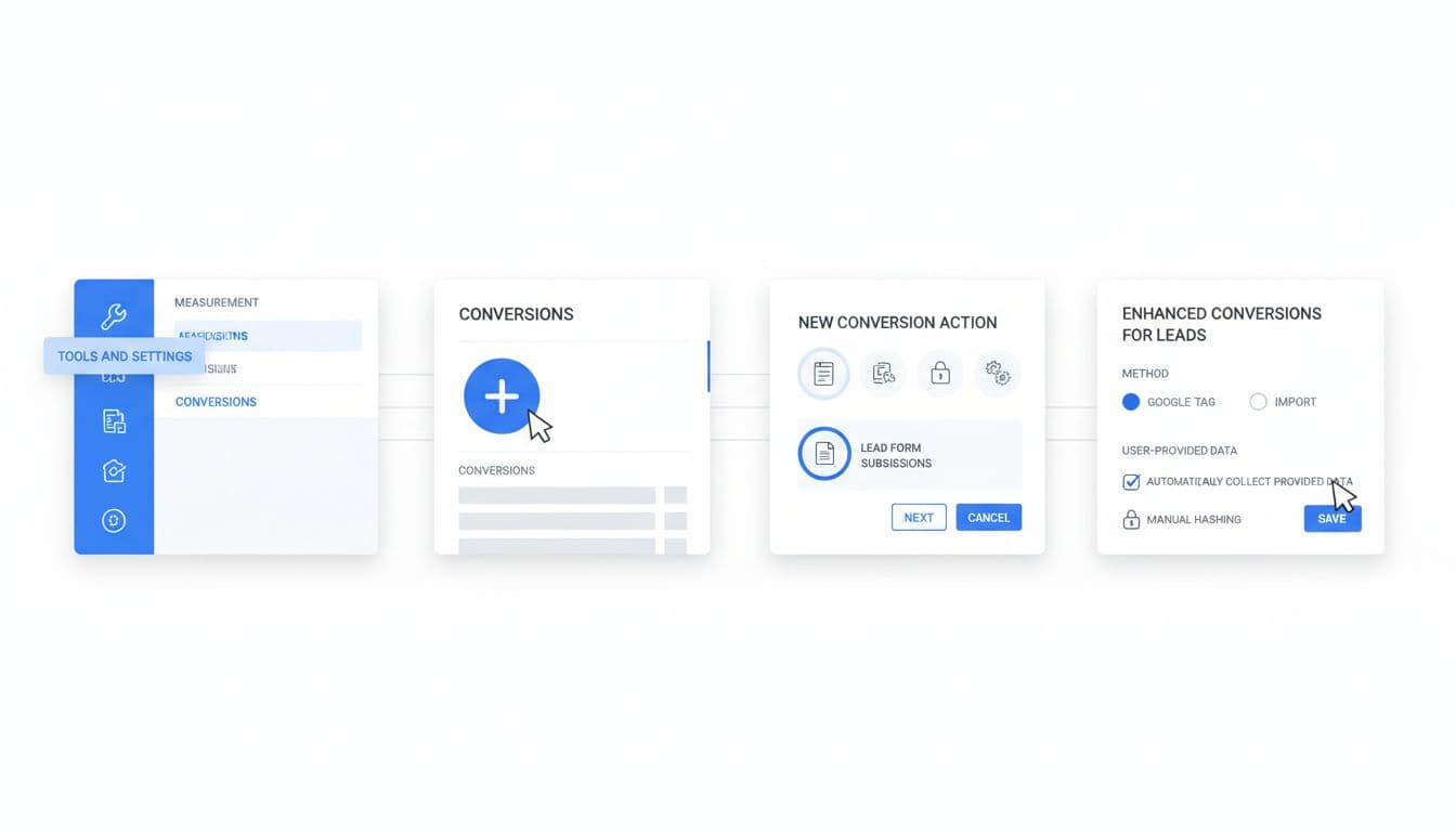 Sequential UI panels illustrating Google Ads setup for enhanced lead conversions: navigating tools and conversions, creating enhanced lead, selecting lead form, and hashing options in a simple blue-white dashboard style with no text or people.