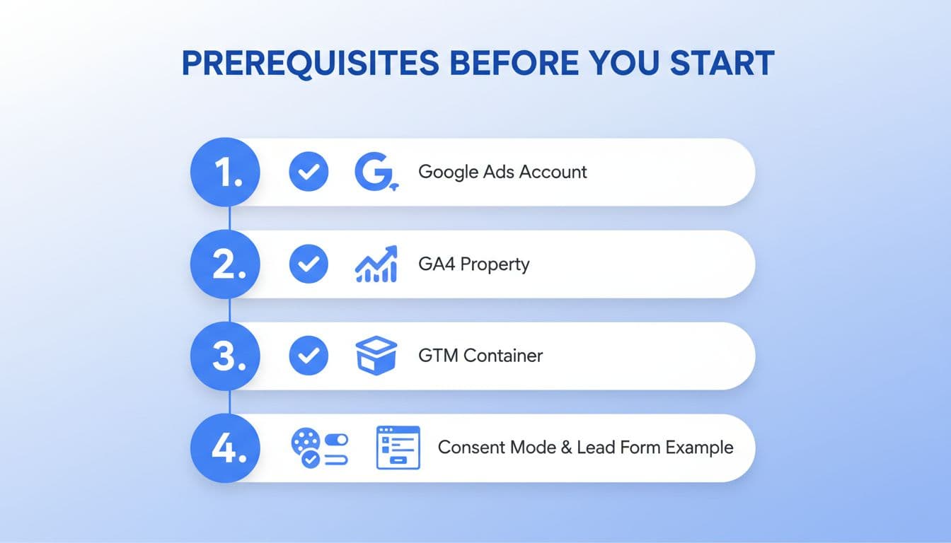 Step-by-step icons in clean SaaS UI style showing prerequisites checklist: Google Ads account, GA4 property, GTM container, consent mode, and lead form example. Numbered steps 1-4 in blue and white colors with no extra text or people.
