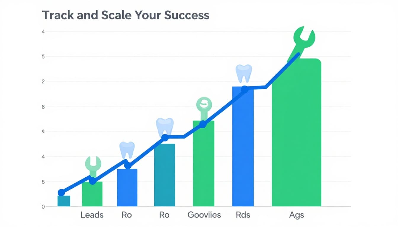 Simple illustrative growth chart with upward arrow depicting increased leads and ROI from Google Ads, background service icons like wrench and tooth, blue and green tones, clean modern style.