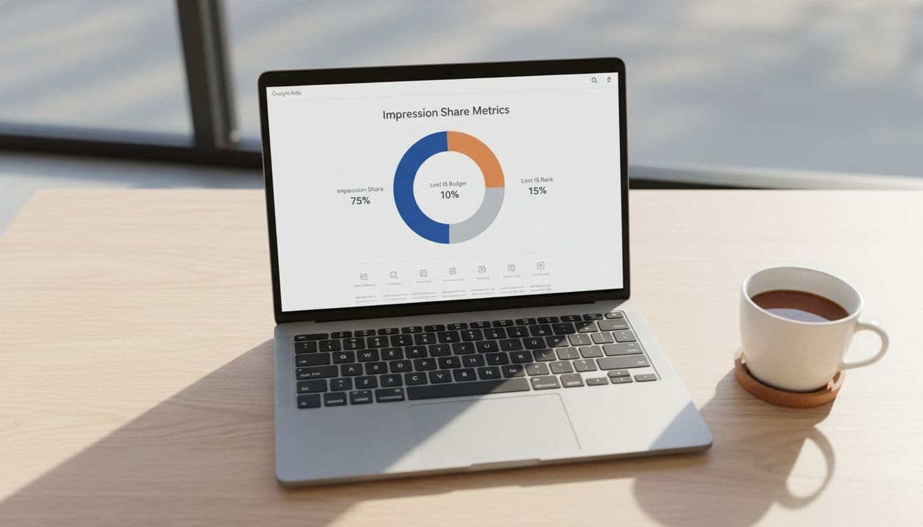 Top view of office desk with laptop displaying impression share metrics bar chart and coffee mug.