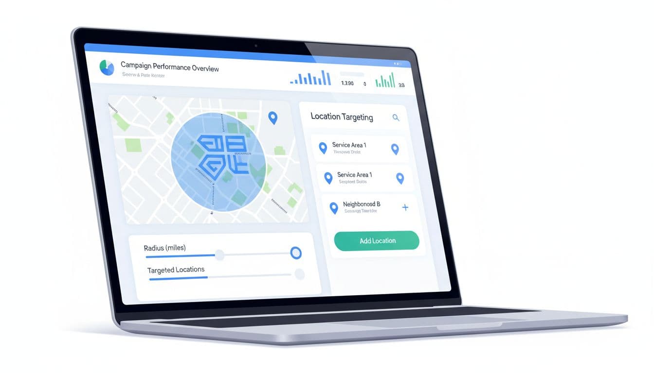 Illustration of Google Ads dashboard screen showing location targeting setup with maps and radius sliders for a local service business campaign in a clean professional style.