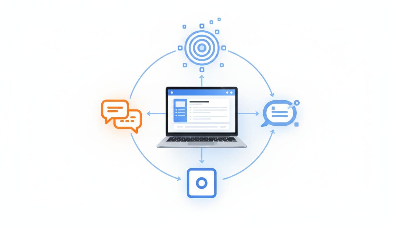 Clean modern illustration of Google Ads match types icons (broad, phrase, exact) arranged in a strategy flowchart on a central laptop dashboard for service business leads, featuring blue, white, and orange accents in polished SaaS style.