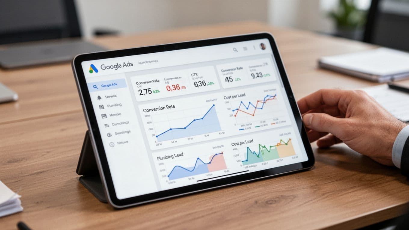 Dashboard screenshot mockup on tablet displaying Google Ads metrics like CTR, conversion rate, and cost per lead graphs for service business such as plumbing leads, with screen at slight angle, blurred details, hand resting nearby on office table under realistic lighting.