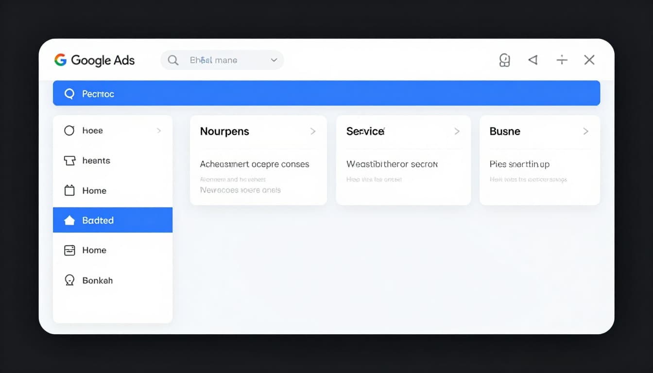 Step-by-step Google Ads interface screenshot for adding negative keywords, with shared library panel open showing home service list, clean modern blue-white-gray UI, screen at angle.