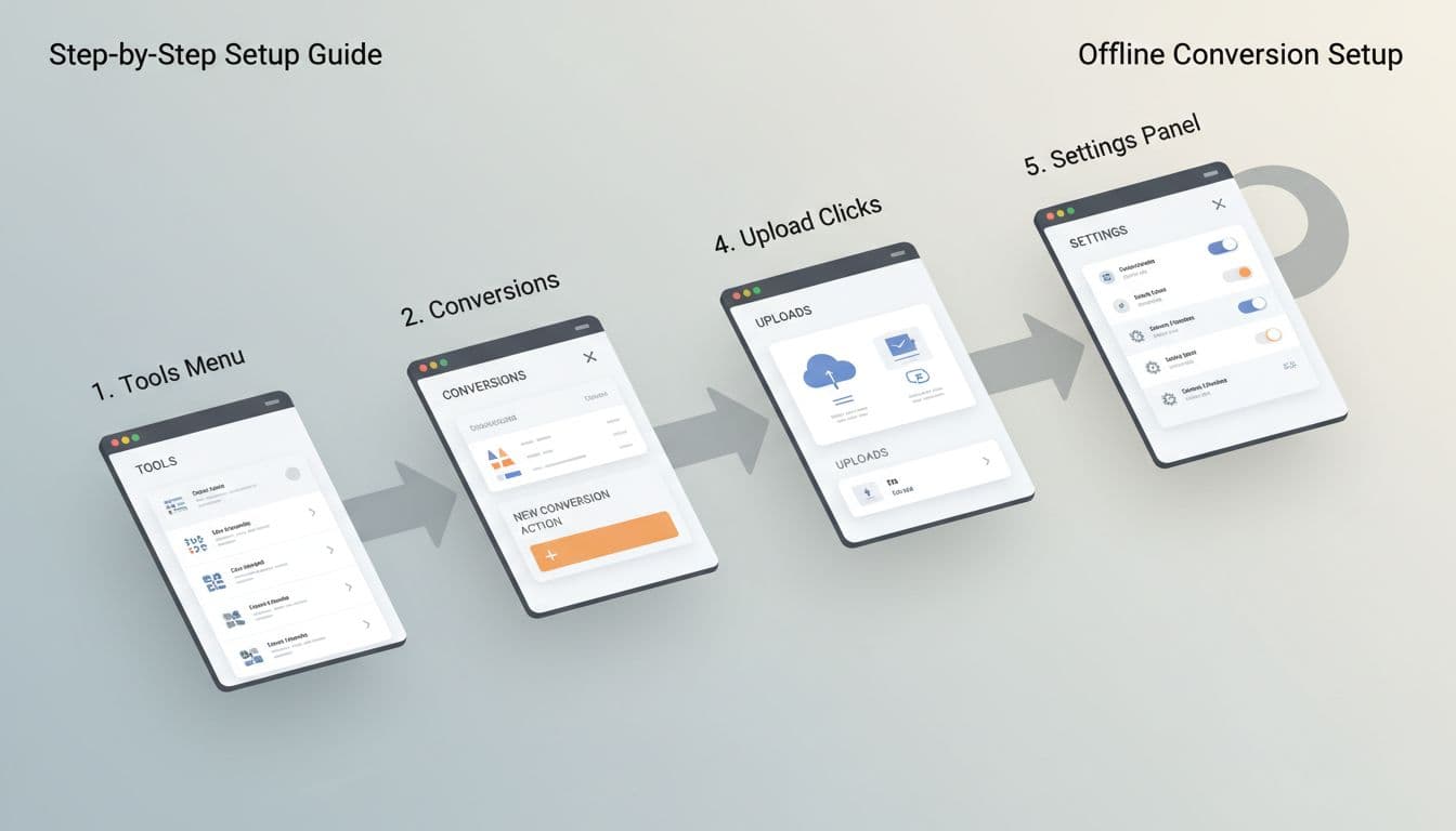 Clean modern flowchart illustration of Google Ads interface steps for offline conversion setup, including Tools menu, conversions, new action, upload clicks, and settings panel, in a professional dashboard style with neutral colors.