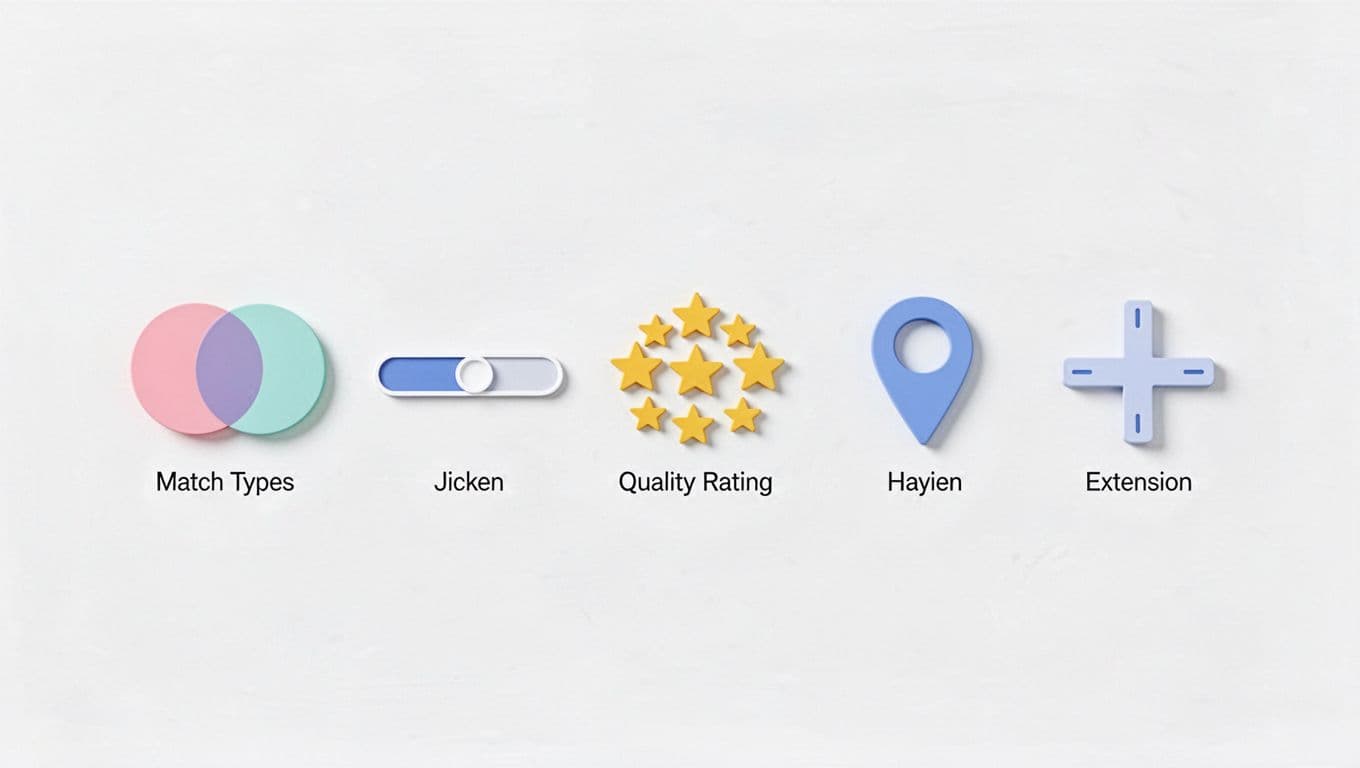 Five flat icons depicting keyword match types, bidding slider, Quality Score stars, location pin, and ad extensions arranged horizontally on a clean whiteboard.