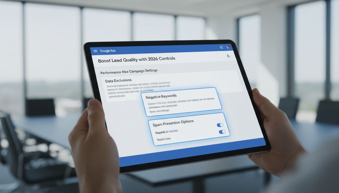 Screenshot-like view of Google Ads settings panel on a tablet held in hands in a conference room, highlighting data exclusions, negative keywords, and spam prevention for Performance Max, natural daylight, clean modern style.