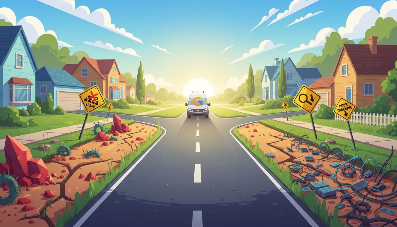 Visual metaphor of a splitting path with warning signs around Google Ads mistakes like spam leads and poor tracking, service van heading correctly in sunny suburban street, vibrant illustrative style.