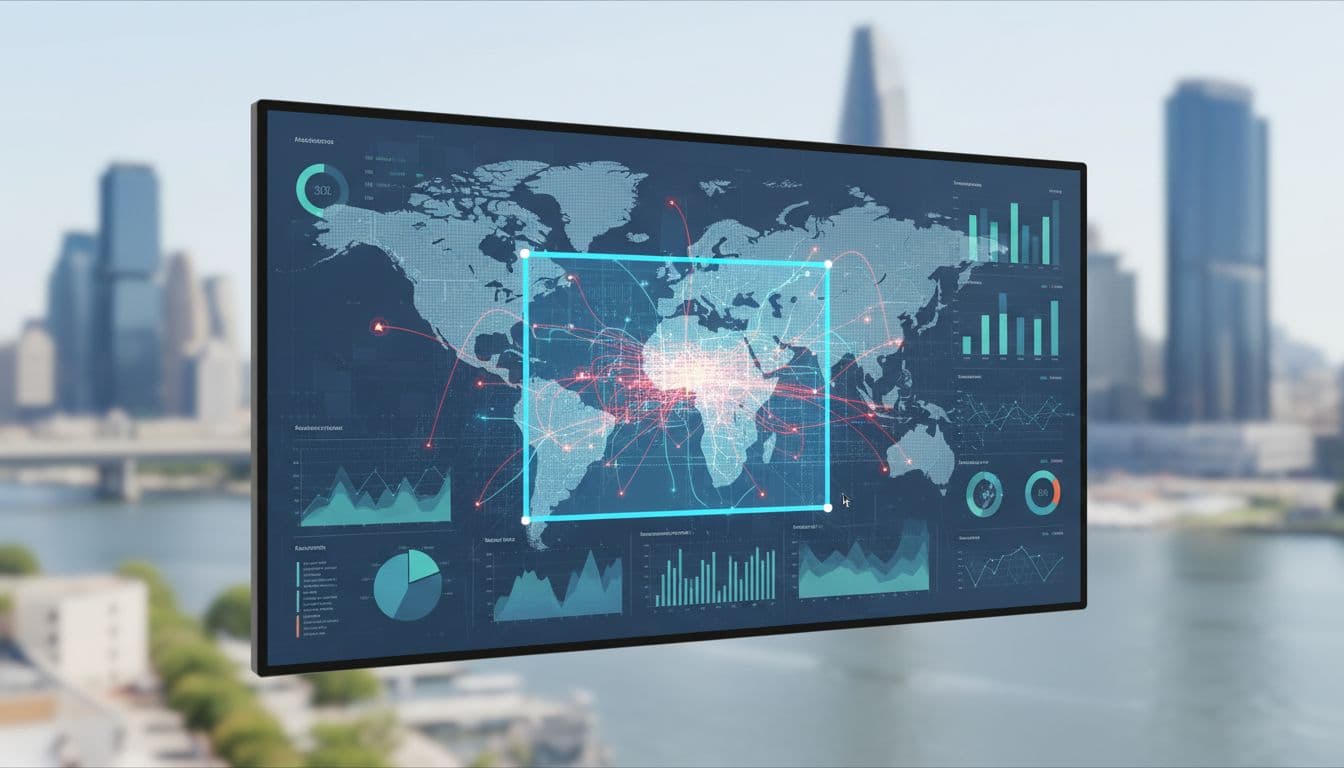 Map illustration of geo-fenced local service area targeting in Google Ads remarketing dashboard for a plumbing business, featuring cityscape background and professional analytics theme in daylight.