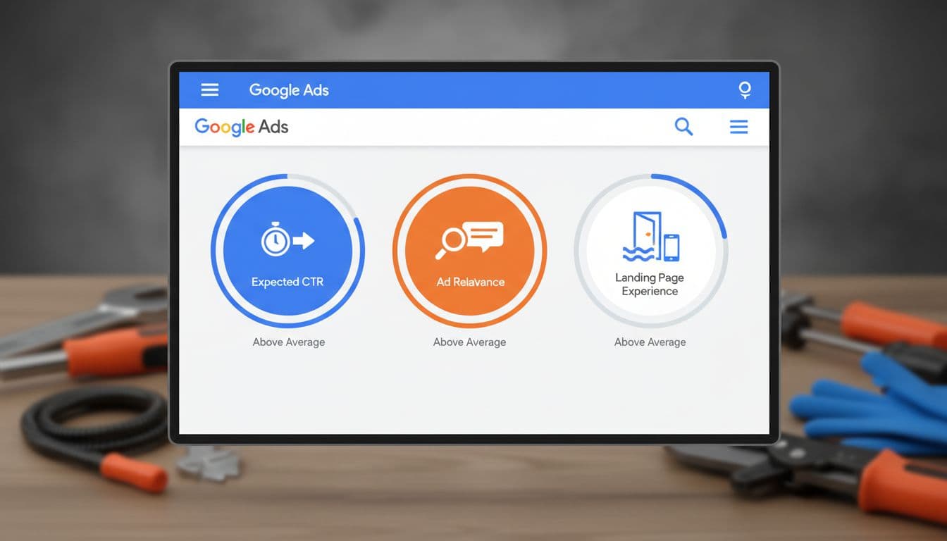 Clean modern illustration of Google Ads dashboard displaying Quality Score components like expected CTR, ad relevance, and landing page icons, with plumber tools in the background for a service business scene.