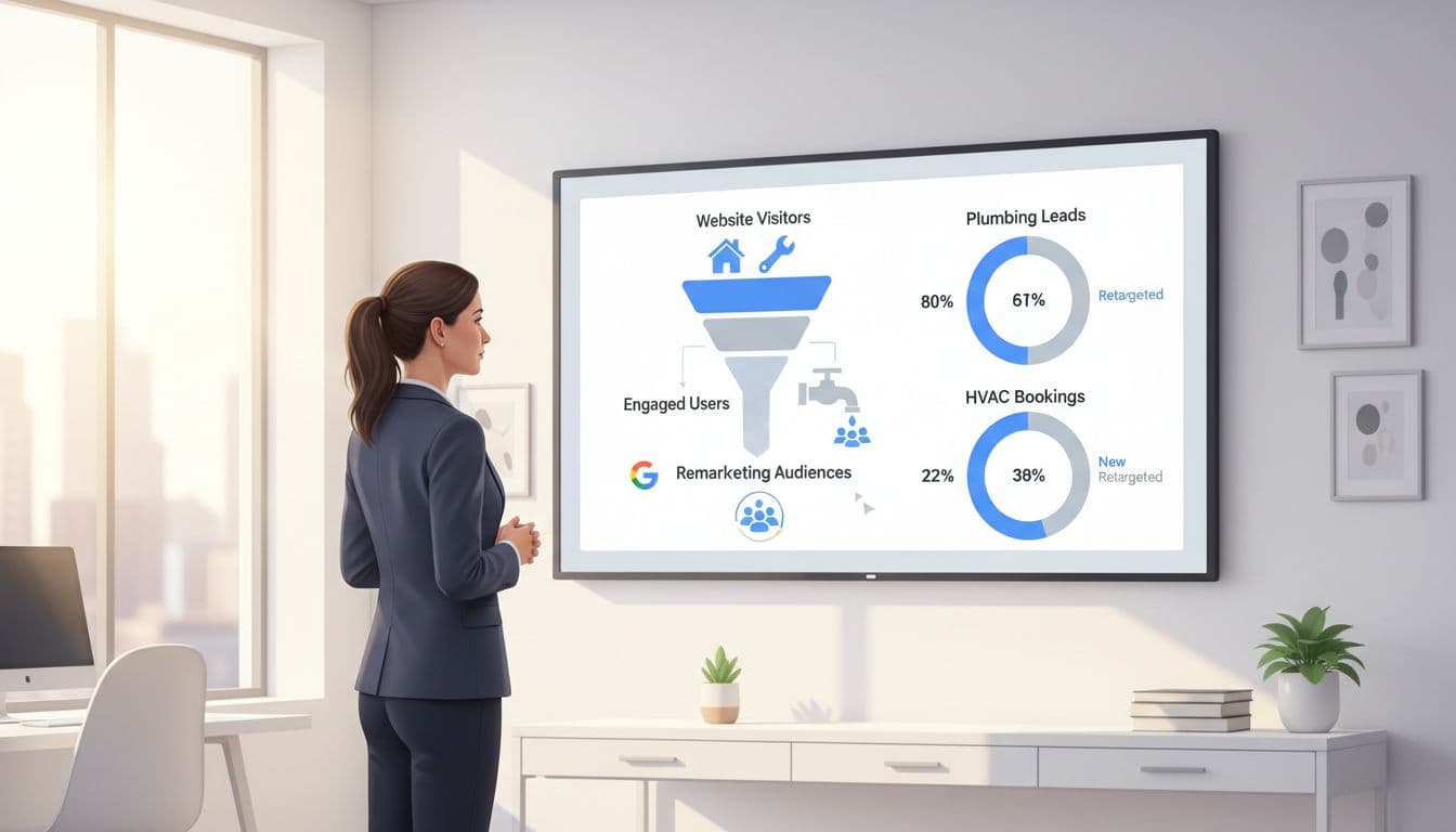 Clean modern illustration of a professional service business dashboard highlighting remarketing audiences for home services like plumbing, featuring retargeting funnel visualization, subtle Google Ads icons, and a business owner viewing charts in a bright office.