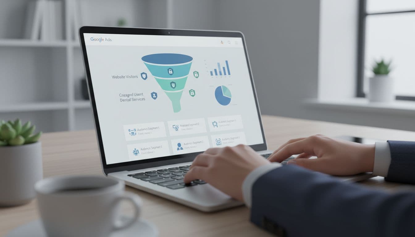 Illustration of building remarketing lists on Google Ads interface for a dental clinic, showing privacy-compliant audience segments on a laptop screen in a modern workspace with funnel icons and soft lighting.