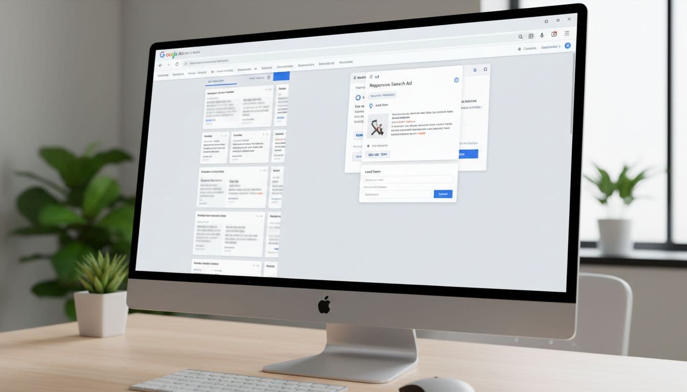 Angled view of clean ad preview interface showing responsive search ads, local service extensions, and lead form assets with subtle blue accents.