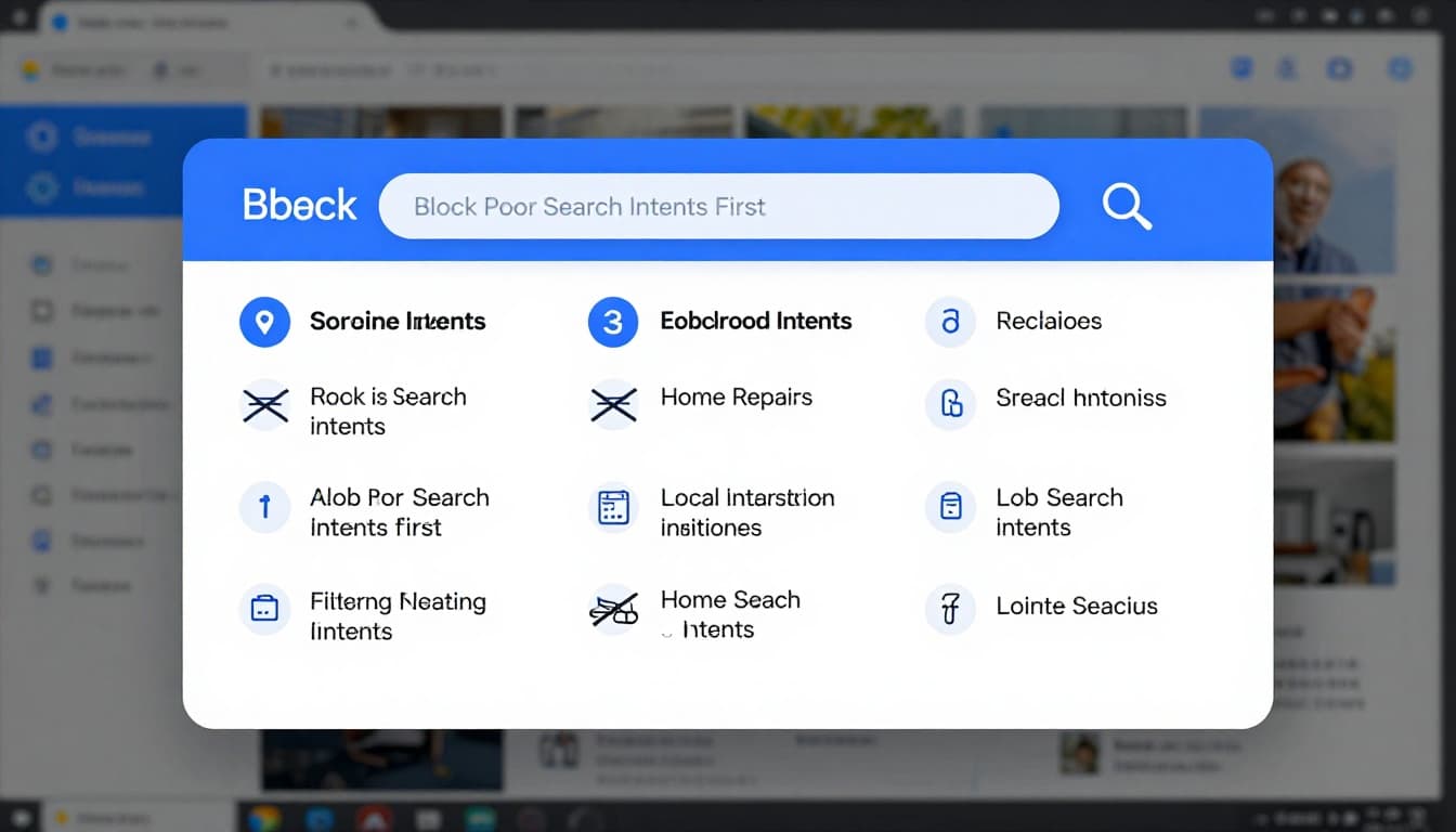 Professional visualization of a search intent funnel for Google Ads, with broad irrelevant queries like 'jobs free' crossed out by negatives, narrowing to local service calls, home repair background, blue-white-gray tones, PPC dashboard elements, landscape editorial style.