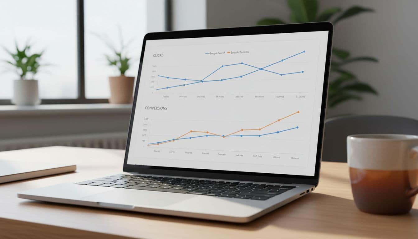 Laptop screen on office desk shows Google Ads dashboard with blue Search and orange Partners line charts for clicks, conversions, CPA.